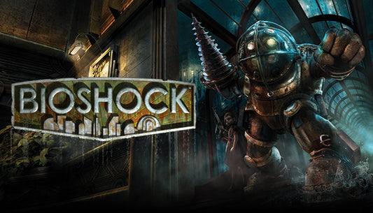 Official cover art for the action FPS BioShock featuring a Big Daddy and Little Sister in the underwater city of Rapture.
