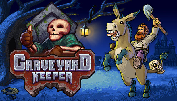 Official cover art for Graveyard Keeper featuring a character digging a grave in a dark, pixelated cemetery setting.