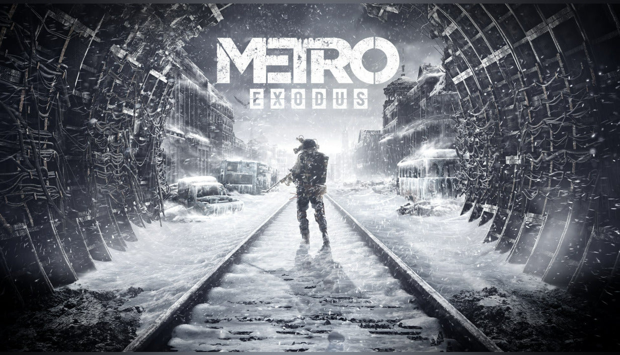Cover art for Metro Exodus showing a survivor in tactical gear and a gas mask walking down a frozen railway track inside a collapsing, snowy tunnel.