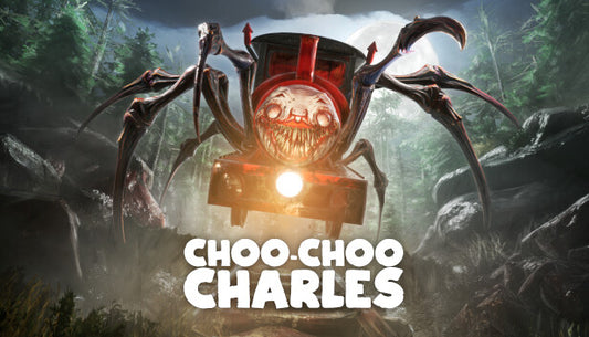Official cover art for Choo-Choo Charles featuring a monstrous spider-legged train chasing a character in the woods.