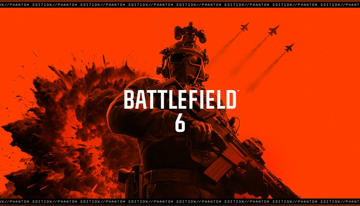 Cover art for Battlefield 6 Phantom Edition featuring a soldier in tactical gear with an assault rifle against an orange explosive background.