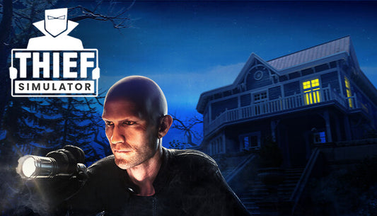 Official cover art for Thief Simulator, a first-person stealth game, featuring a masked thief in front of a house.