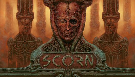 Official cover art for the atmospheric horror game Scorn featuring biological structures and a surreal sci-fi aesthetic.