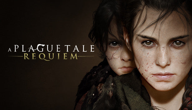 Official cover art for A Plague Tale: Requiem featuring Amicia and Hugo looking toward a dark, medieval horizon.