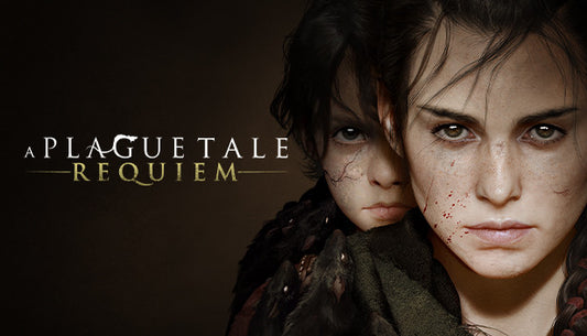 Official cover art for A Plague Tale: Requiem featuring Amicia and Hugo looking toward a dark, medieval horizon.