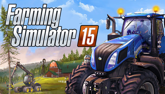 Official cover art for Farming Simulator 15 featuring a high-tech tractor harvesting a field at sunset.