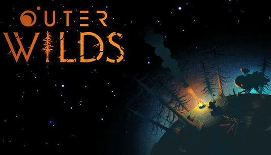 Official cover art for the space exploration game Outer Wilds featuring a character sitting by a campfire on a small planet.