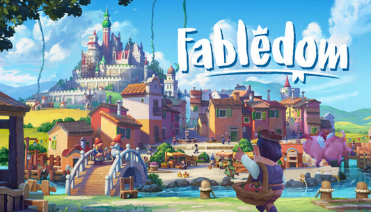Official cover art for the city builder game Fabledom featuring a colorful, stylized medieval village and castle.