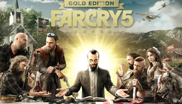 Cover art for Far Cry 5 Gold Edition, illustrating cult leader Joseph Seed and his armed followers gathered at a table draped with an American flag, mirroring The Last Supper.
