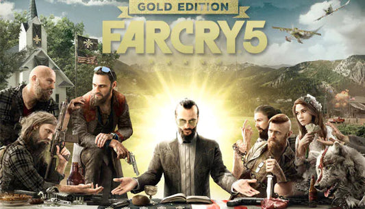 Cover art for Far Cry 5 Gold Edition, illustrating cult leader Joseph Seed and his armed followers gathered at a table draped with an American flag, mirroring The Last Supper.