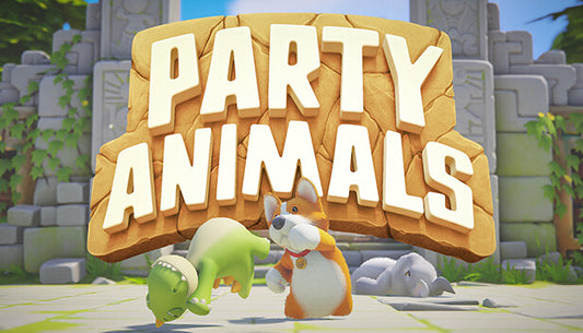 Official cover art for Party Animals featuring adorable physics-based animals in a chaotic, colorful fighting scene.