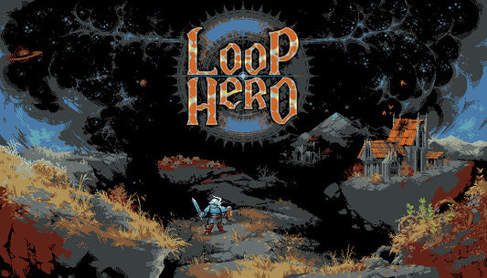 Official cover art for the roguelike game Loop Hero featuring a pixelated warrior standing before a glowing celestial loop.