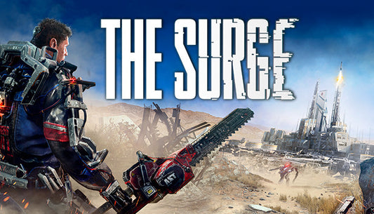 Official cover art for the action RPG The Surge featuring a character in a futuristic exo-suit against a dark backdrop.