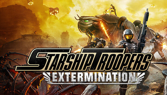 Official cover art for Starship Troopers: Extermination featuring elite soldiers in power armor battling giant insects.