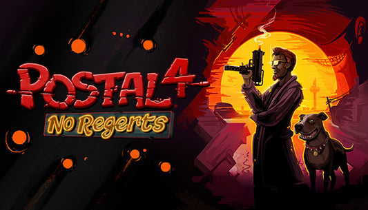 Official cover art for the action game POSTAL 4: No Regerts featuring the Postal Dude in a desert setting.
