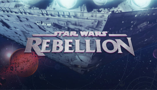 Official cover art for the strategy game STAR WARS Rebellion featuring iconic space battles and characters.
