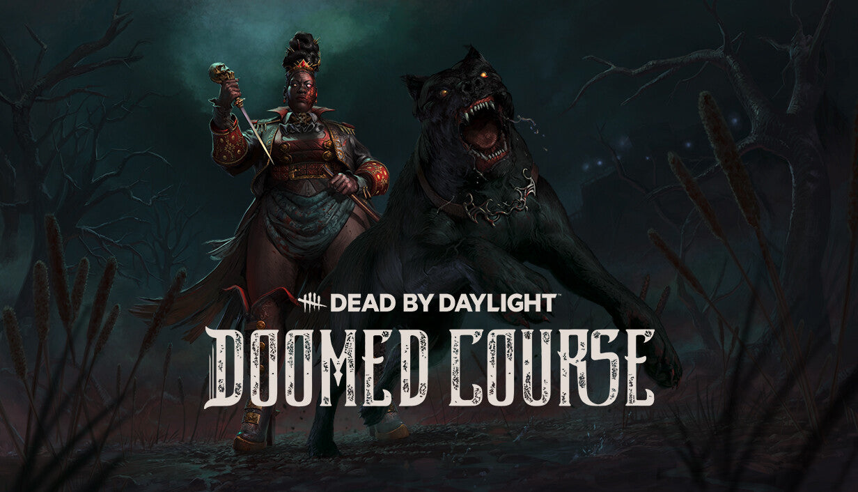 Cover art for Dead by Daylight - Doomed Course, featuring the killer The Houndmaster standing regally with a skull-topped weapon alongside her massive, snarling black dog in a foggy, desolate landscape.