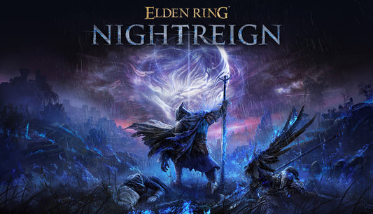 Official cover art for the action RPG Elden Ring Nightreign featuring dark fantasy imagery and a stylized logo.