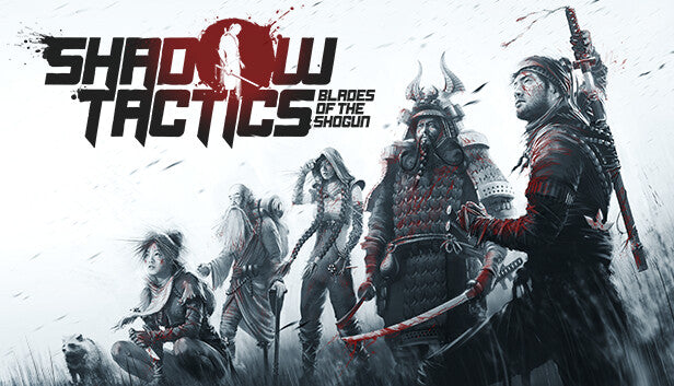 Official cover art for Shadow Tactics: Blades of the Shogun featuring five diverse ninjas and warriors in a snowy mountain setting.
