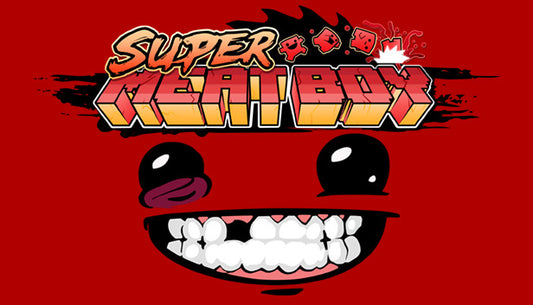 Official cover art for the 2D indie platformer Super Meat Boy featuring the titular character on a bloody background.
