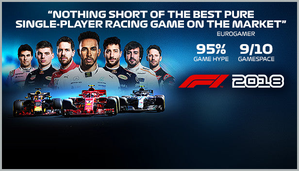 Official cover art for the racing simulation game F1 2018 featuring a Formula 1 car and driver on a professional track.