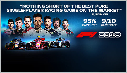 Official cover art for the racing simulation game F1 2018 featuring a Formula 1 car and driver on a professional track.