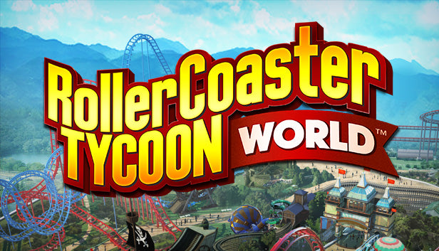 Official cover art for RollerCoaster Tycoon World featuring a vibrant amusement park with a prominent roller coaster.