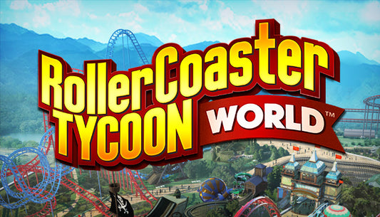 Official cover art for RollerCoaster Tycoon World featuring a vibrant amusement park with a prominent roller coaster.
