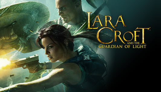 Cover art for Lara Croft and the Guardian of Light, illustrating Lara Croft firing a pistol alongside the Mayan warrior Totec holding a glowing spear.