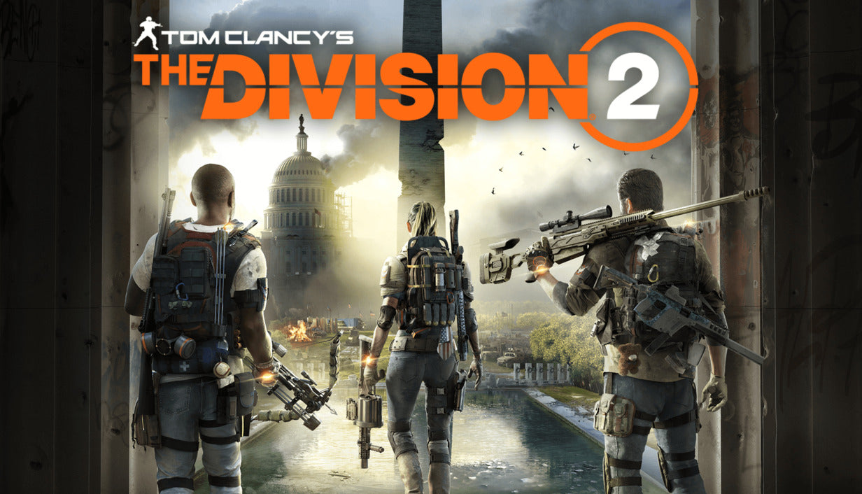 Official cover art for the action RPG Tom Clancy's The Division 2 featuring agents in a post-apocalyptic Washington D.C.