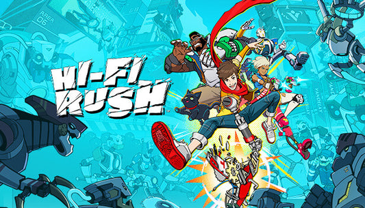 Official cover art for the rhythm-action game Hi-Fi RUSH featuring Chai and his robotic cat 808 in a vibrant, stylized world.