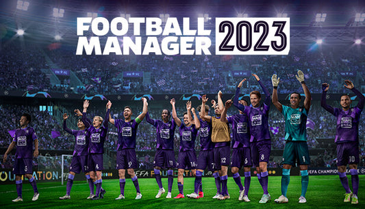 Official cover art for Football Manager 2023 featuring a manager in a stadium tunnel overlooking a bright pitch.