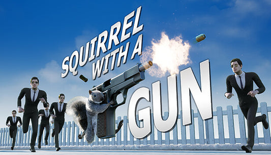 Action game cover art for Squirrel with a Gun featuring a squirrel holding a large firearm on a bright background.