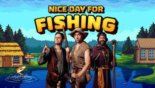 Official cover art for the game Nice Day for Fishing featuring a cartoon character in a boat on the water.
