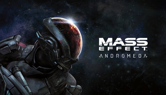 Official cover art for the sci-fi RPG Mass Effect: Andromeda featuring an explorer on a rugged alien planet.