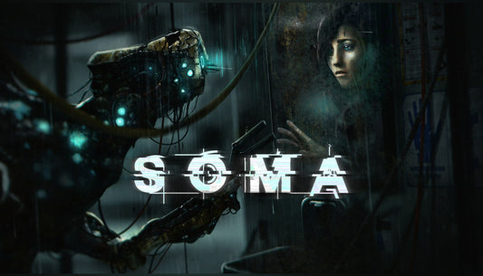Official cover art for the sci-fi psychological horror game SOMA featuring a robotic head with glowing orange eyes.