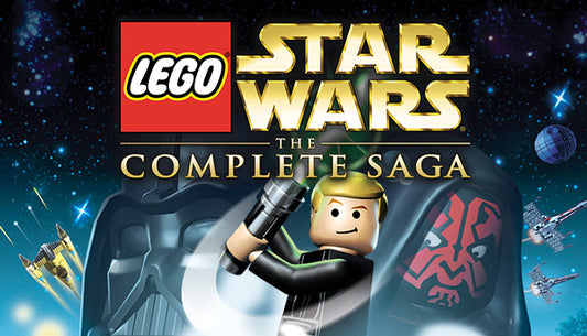 Official cover art for LEGO Star Wars: The Complete Saga featuring iconic characters in a classic Star Wars movie poster style.