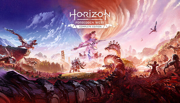 Official cover art for Horizon Forbidden West Complete Edition featuring Aloy in a vibrant post-apocalyptic landscape.