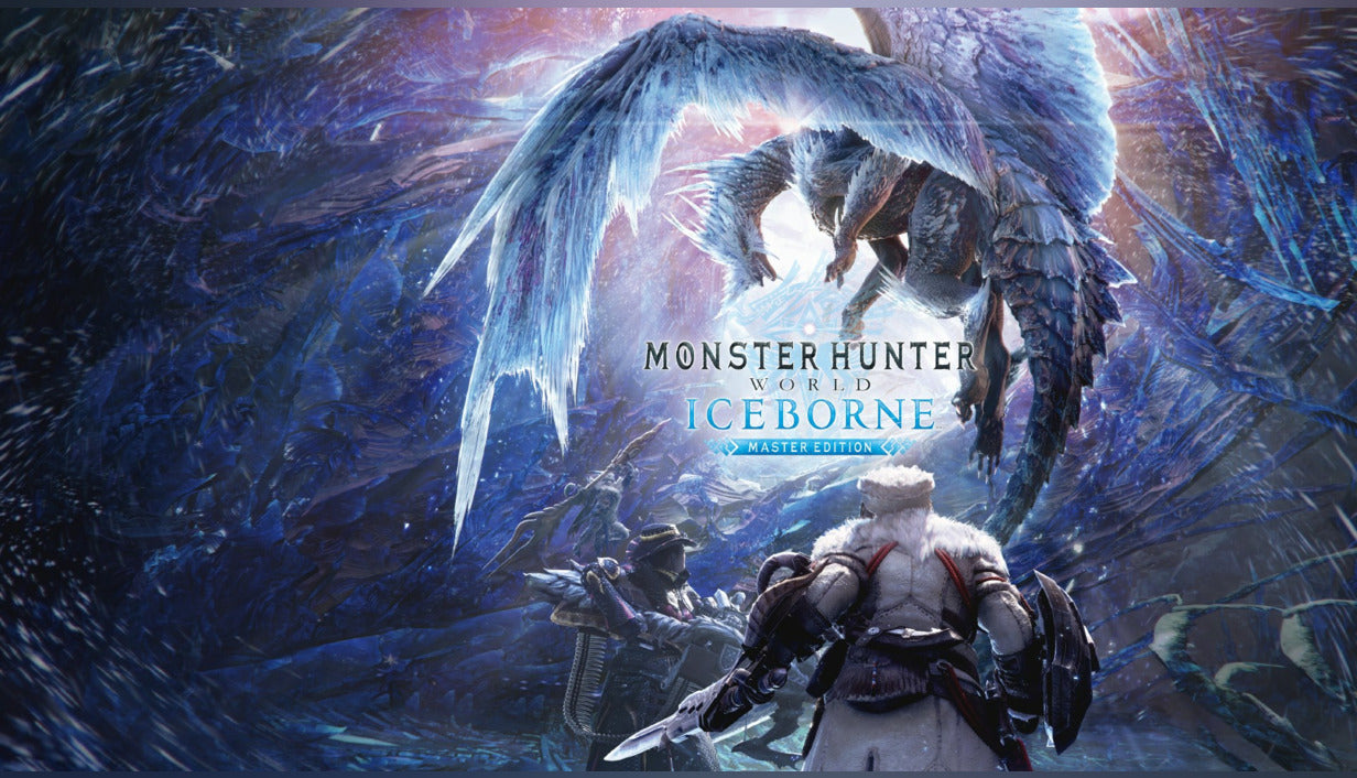 Cover art for Monster Hunter: World Iceborne Master Edition, featuring two hunters in winter armor preparing to battle a massive, icy winged dragon within a frozen crystalline landscape.
