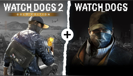 Official cover art for Watch Dogs 1 and Watch Dogs 2 Gold Editions Bundle on XBOX One featuring key characters and a digital hacking theme.