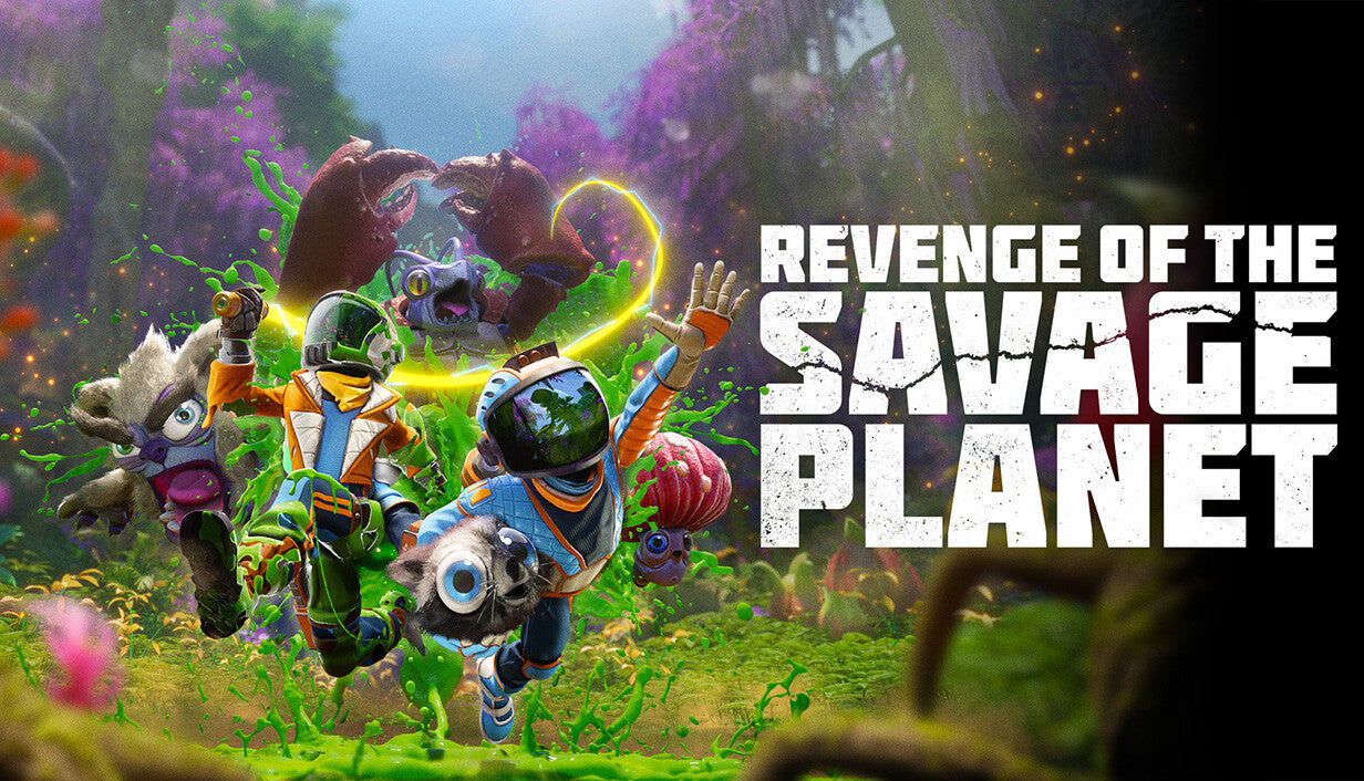 Official cover art for Revenge of the Savage Planet featuring colorful, stylized sci-fi exploration and alien landscapes.