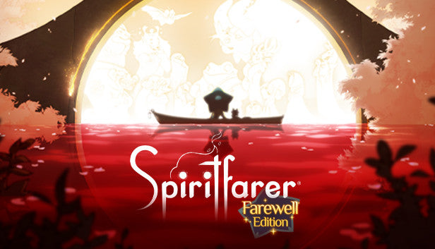 Official cover art for the game Spiritfarer: Farewell Edition featuring hand-drawn characters on a boat at sunset.