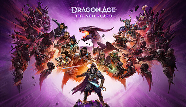 Official cover art for the fantasy RPG Dragon Age: The Veilguard featuring stylized character silhouettes.