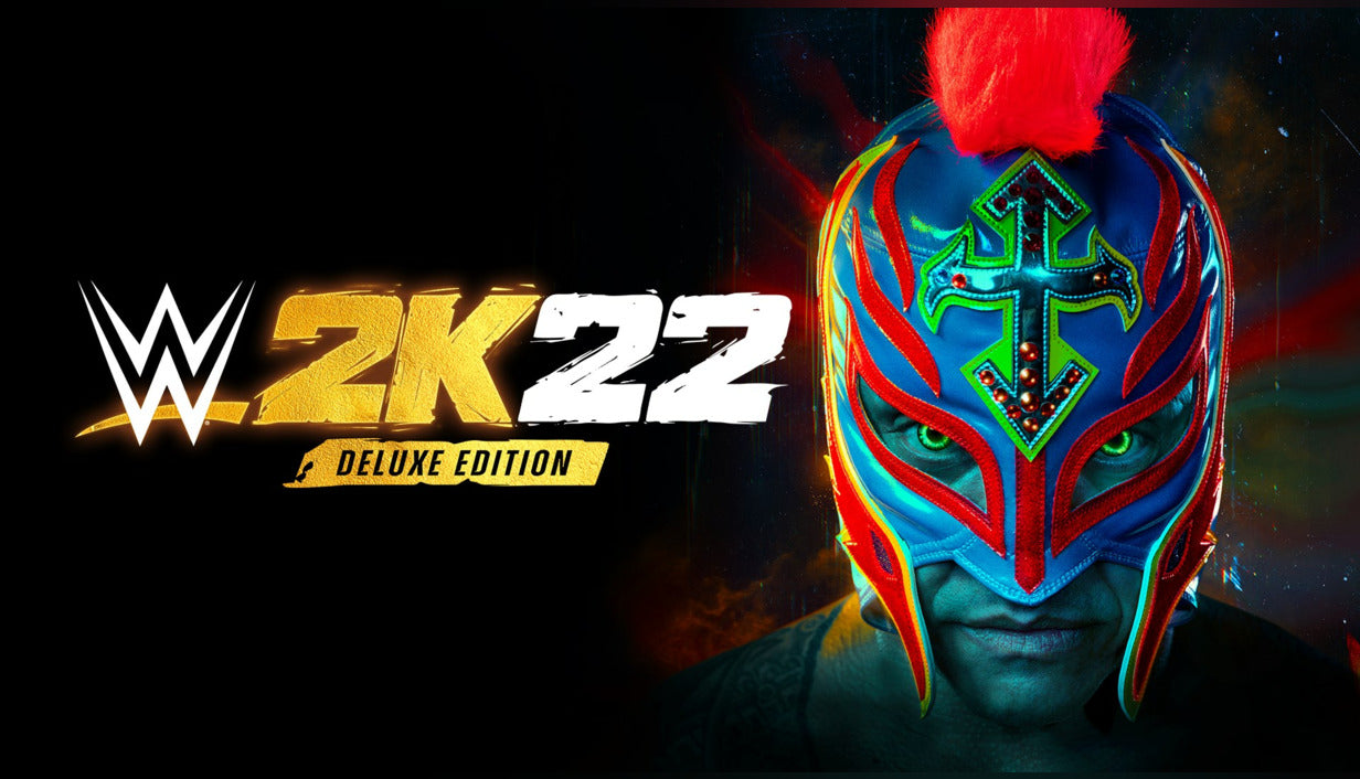 Official promotional key art for WWE 2K22 Deluxe Edition on PlayStation 5, featuring a dynamic wrestling action scene.