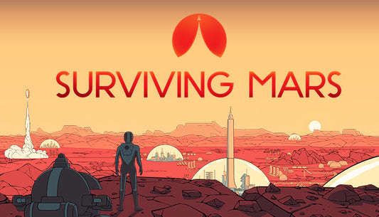 Official cover art for the strategy game Surviving Mars featuring a colony dome on the red surface of Mars.