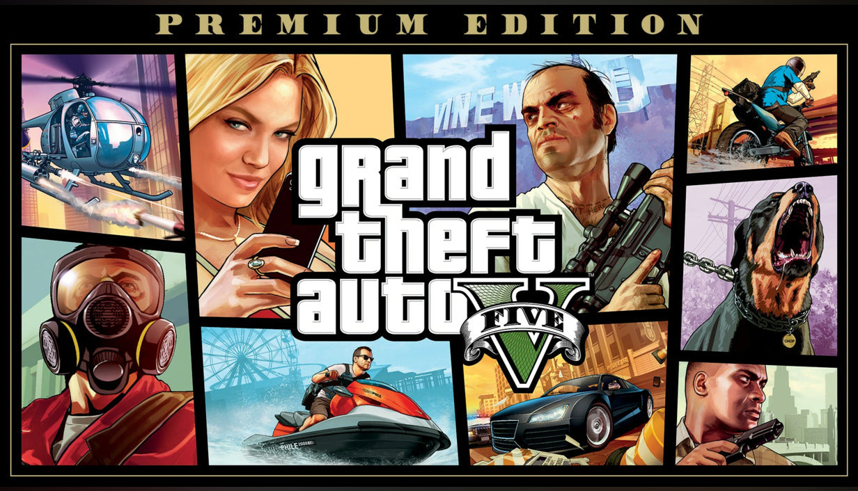 Cover art for Grand Theft Auto V: Premium Edition, featuring a grid of iconic characters, vehicles, and scenes from the game, including a helicopter, a sports car, and a dog.