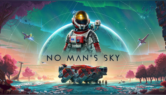 Official cover art for the space exploration game No Man's Sky featuring a character standing on a colorful alien planet.