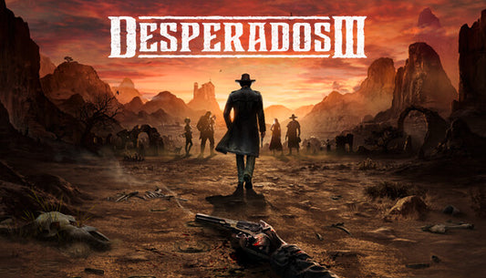 Official cover art for the tactical stealth game Desperados III featuring characters in a Western setting.