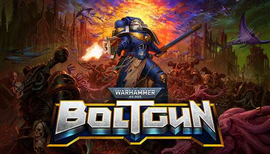 Official cover art for Warhammer 40,000: Boltgun featuring a Space Marine in stylized pixel art combat.