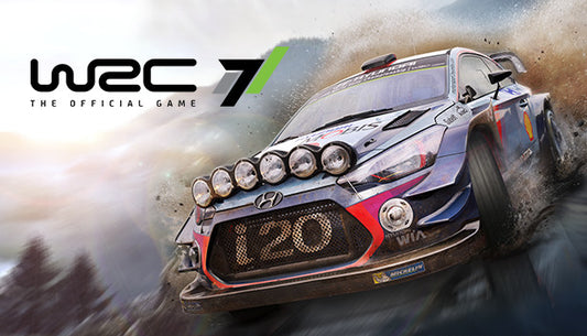 Official cover art for WRC 7 FIA World Rally Championship featuring a rally car driving on a dusty dirt track.